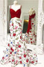 Mermaid Floral Print Red 2 Piece Prom Dress Spaghetti Strap With Bow