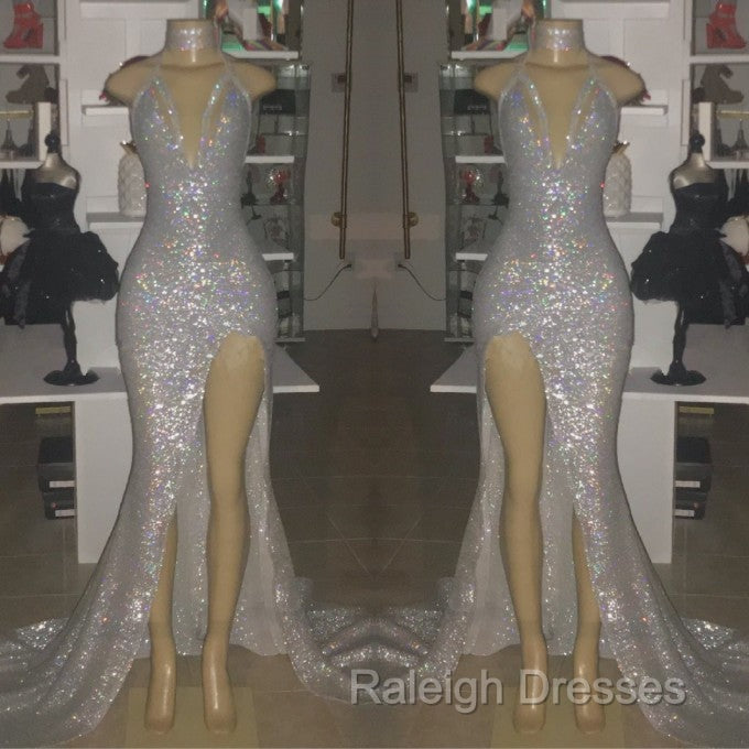 Mermaid Front Slit Deep V-Neck Halter Court Paillette Prom Dress Secondary image