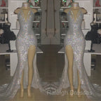 Mermaid Front Slit Deep V-Neck Halter Court Paillette Prom Dress