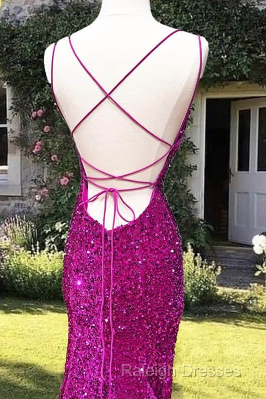Mermaid Fuchsia Sequin Open Back Dress