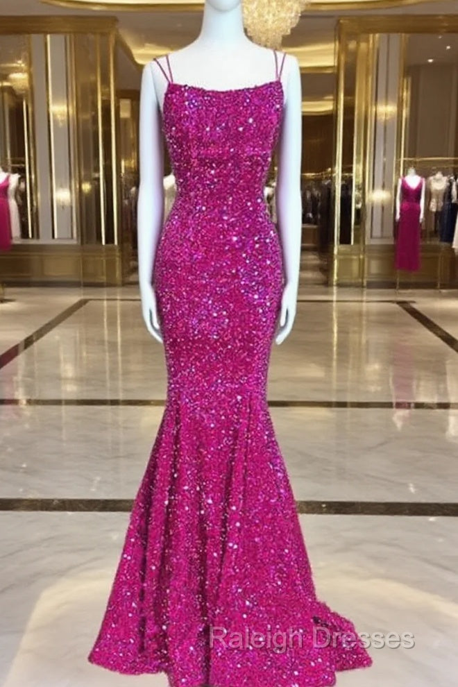 Mermaid Fuchsia Sequin Open Back Dresses