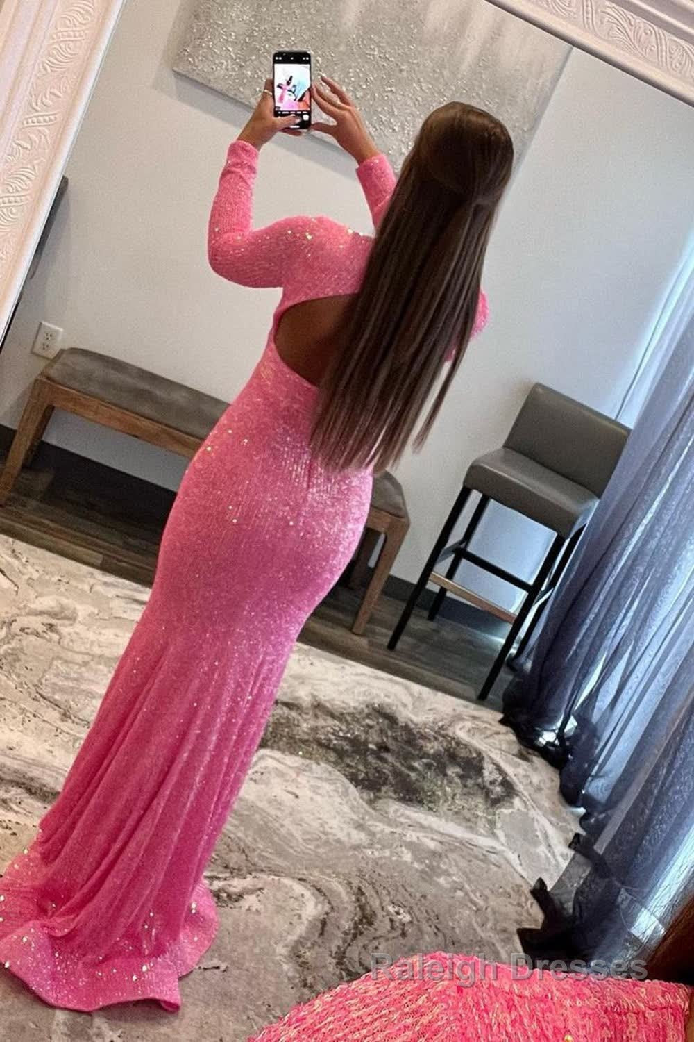 Mermaid Glitter Navy Sequins Mesh Prom Dress Backless Prom Dress