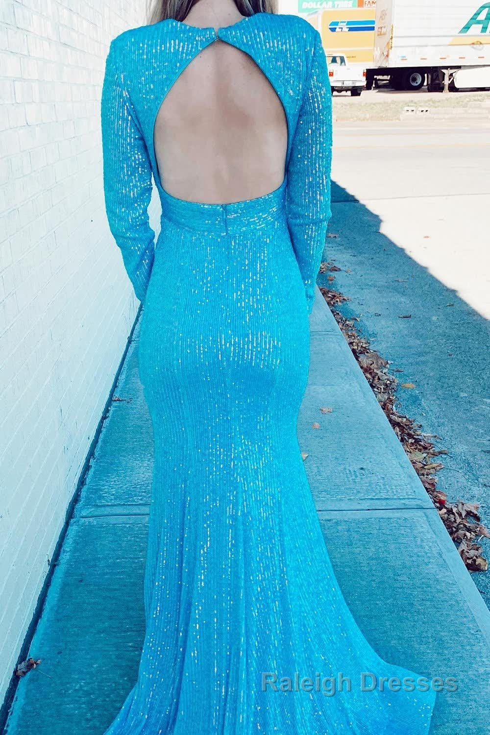 Mermaid Glitter Navy Sequins Mesh Prom Dress Backless Prom Dress