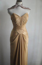 Mermaid Gold Strapless Satin Prom Dresses Long Simple Prom Dresses