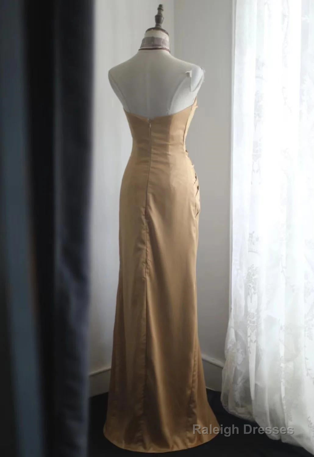 Mermaid Gold Strapless Satin Prom Dresses Long Simple Prom Dresses