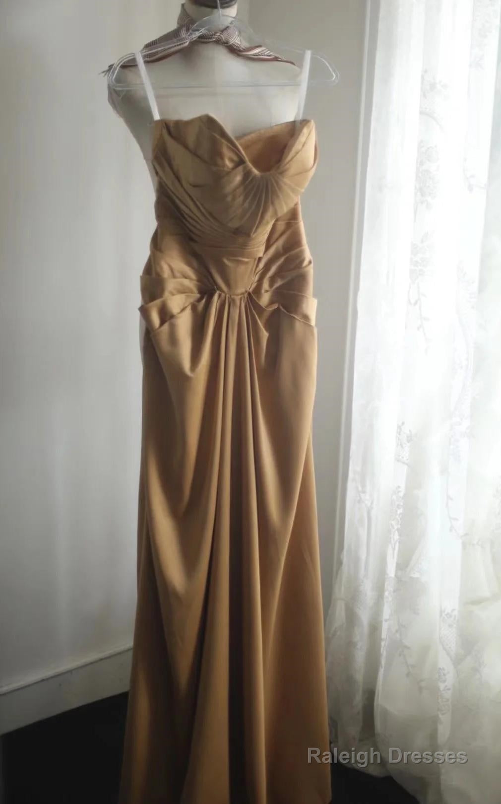 Mermaid Gold Strapless Satin Long Prom Dress Simple Evening Dress