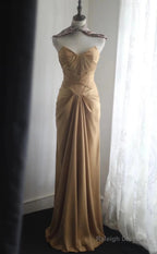 Mermaid Gold Strapless Satin Prom Dresses Long Simple Prom Dresses