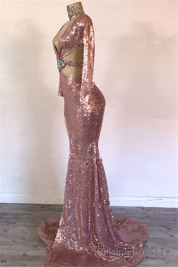 Mermaid Gorgeous Sequins V Neck Long-Sleeves Side-Slit Prom Dresses