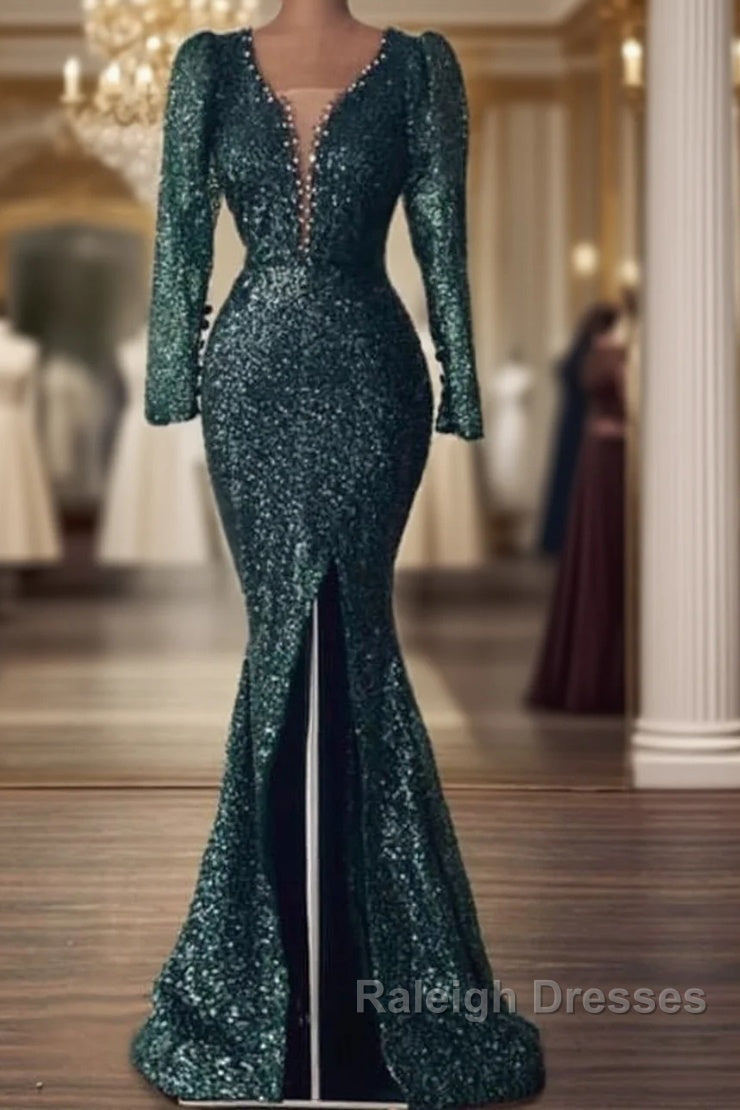 Mermaid Green Long Sleeve Sequin Prom Dresses Main image