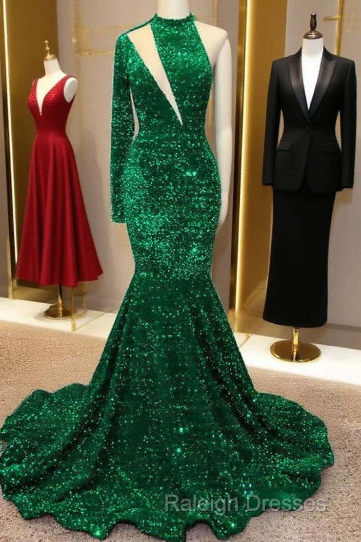 Mermaid Green Sequin Prom Dress One Shoulder High Neck Main image