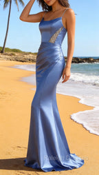 Mermaid Grey Blue Satin Spaghetti Straps Long Prom Dress