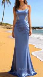 Mermaid Grey Blue Satin Spaghetti Straps Long Prom Dress