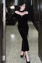 Mermaid Halter Black Birthday Dress Velvet 21Th Birthday Outfits