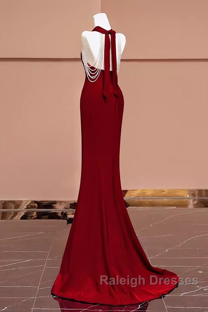 Mermaid Halter Burgundy Long Prom Dresses Secondary image