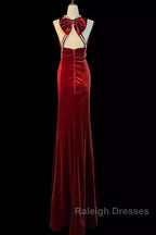 Mermaid Halter Burgundy Long Velvet Prom Dresses