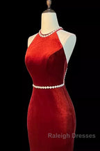 Mermaid Halter Burgundy Long Velvet Prom Dresses