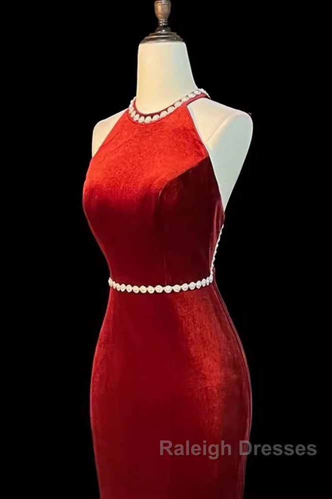 Mermaid Halter Burgundy Long Velvet Prom Dress