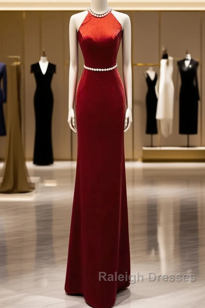 Mermaid Halter Burgundy Long Velvet Prom Dresses