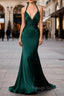 Mermaid Halter Dark Green Long Satin Bridesmaid Dress