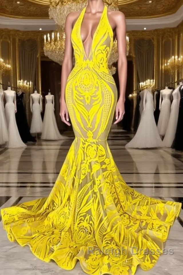 Mermaid Halter Floor Length Sleeveless Open Back Appliques Lace Prom Dresses