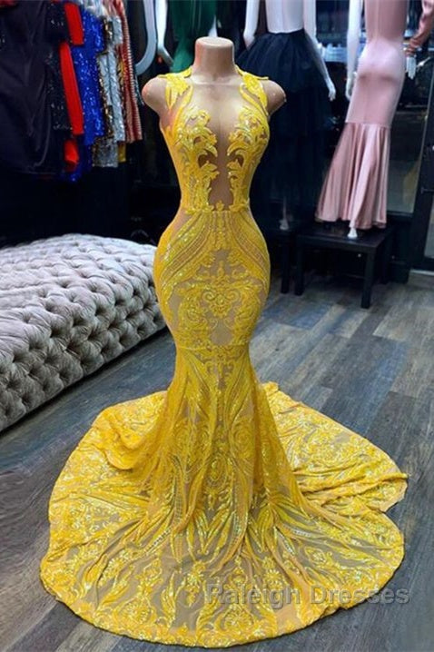 Mermaid Halter Floor-length Sleeveless Open Back Sequined Appliques Lace Prom Dress Secondary image