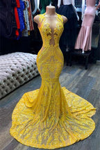 Mermaid Halter Floor-Length Sleeveless Open Back Sequined Appliques Lace Prom Dress