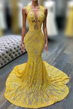 Mermaid Halter Floor-length Sleeveless Open Back Sequined Appliques Lace Prom Dress
