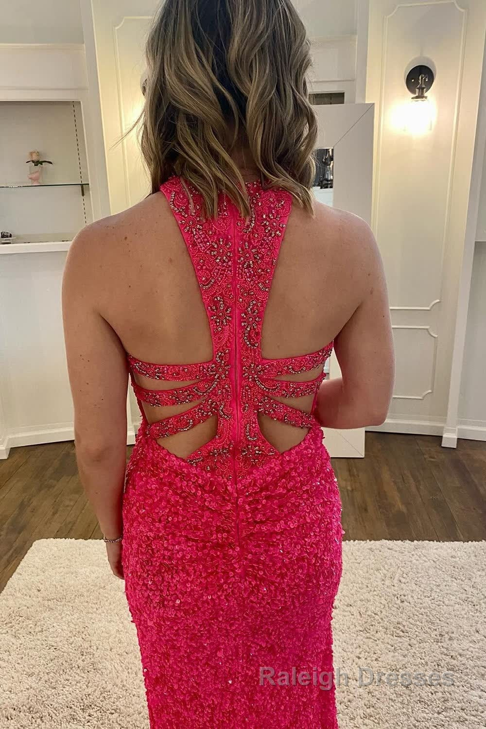 Mermaid Halter Neck Hot Pink Sequins Long Prom Dress with Split Front Secondary image