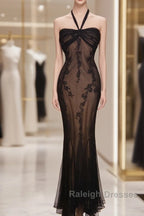 Mermaid Halter Neck Tulle Applique Long Prom Dresses