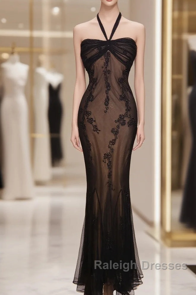 Mermaid Halter Neck Tulle Applique Long Prom Dresses