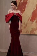 Mermaid Halter Red Velvet Party Dress Long Prom Dress