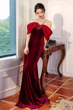 Mermaid Halter Red Velvet Party Dress Long Prom Dress