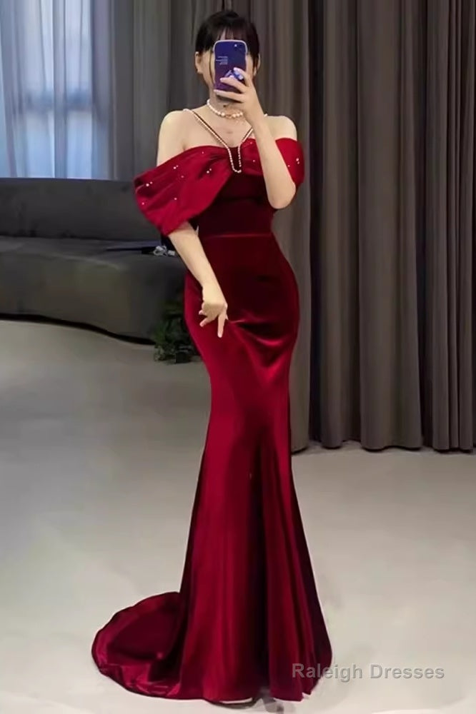 Mermaid Halter Red Velvet Party Dress Long Prom Dress