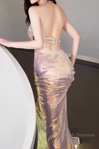 Mermaid Halter Sequin Backless Prom Dresses Evening Dress