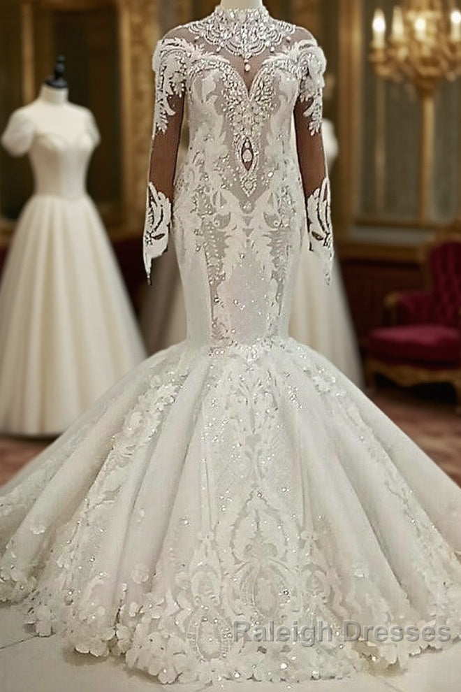 Mermaid High Collar Floor Length Tulle Applique Paillette Wedding Dress