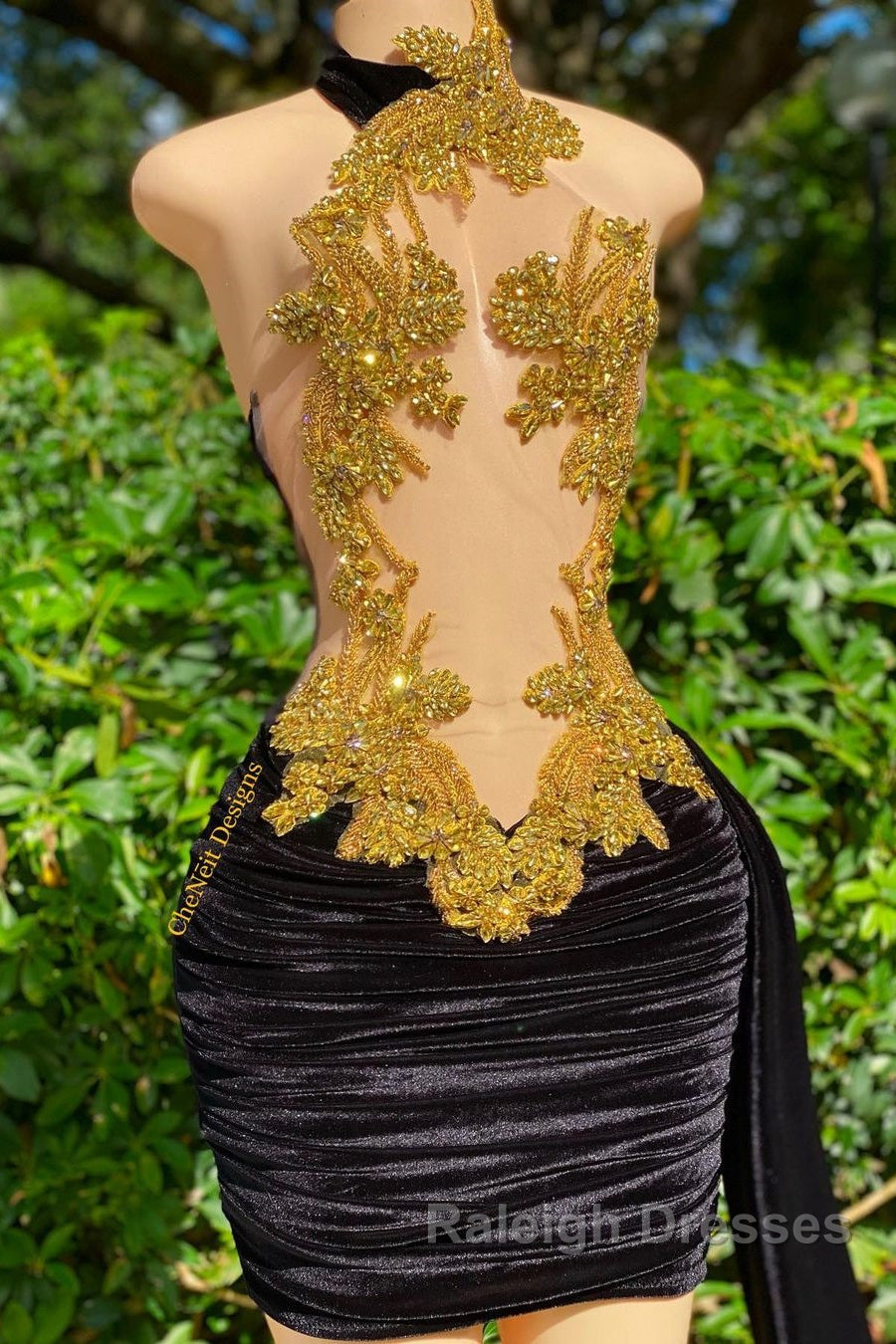 Mermaid High Neck Applique Lace Mini Sleeveless Backless Prom Dress With Side Train