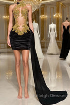 Mermaid High Neck Applique Lace Mini Sleeveless Backless Prom Dress With Side Train