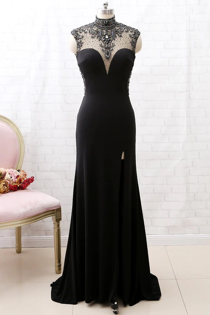 Mermaid High Neck Beaded Jersey Black Formal Evening Prom Gown With Slit Secondary image