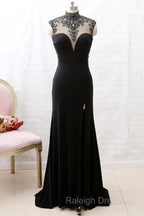 Mermaid High Neck Beaded Jersey Black Prom Gown With Slit