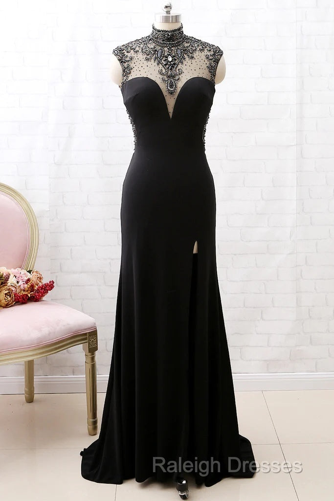 Mermaid High Neck Beaded Jersey Black Prom Gown With Slit