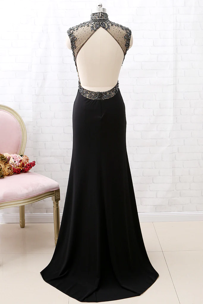 Mermaid High Neck Beaded Jersey Black Formal Evening Prom Gown With Slit