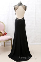 Mermaid High Neck Beaded Jersey Black Prom Gown With Slit