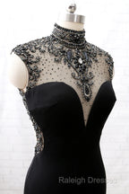 Mermaid High Neck Beaded Jersey Black Formal Evening Prom Gown With Slit
