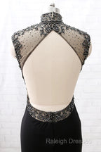Mermaid High Neck Beaded Jersey Black Formal Evening Prom Gown With Slit