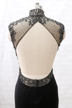 Mermaid High Neck Beaded Jersey Black Formal Evening Prom Gown With Slit