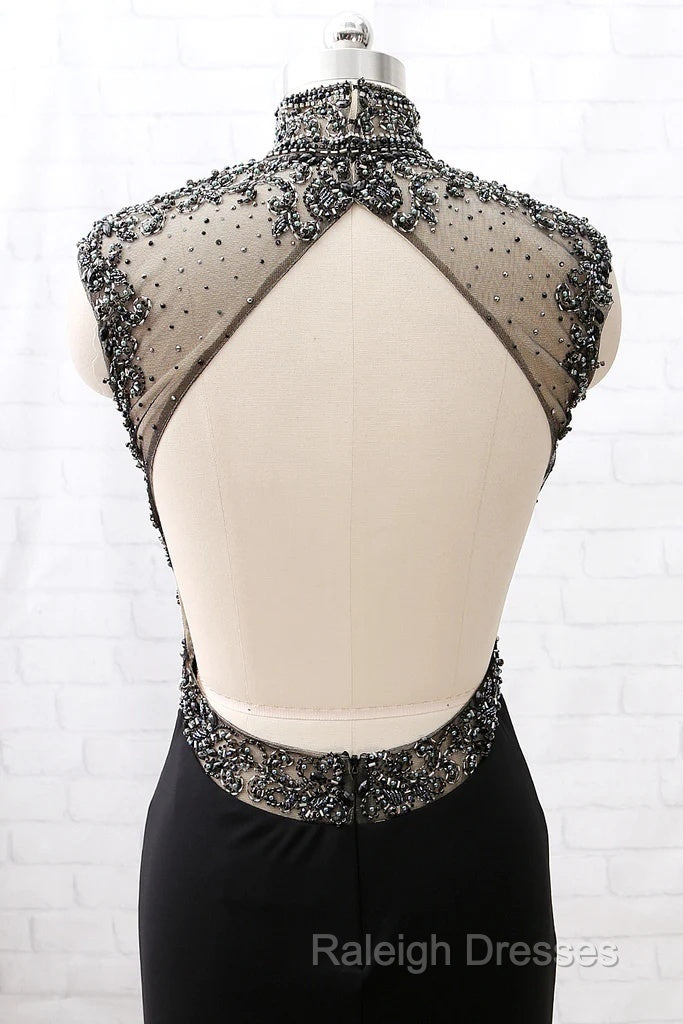 Mermaid High Neck Beaded Jersey Black Prom Gown With Slit