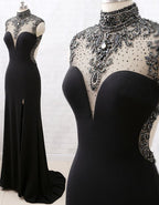 Mermaid High Neck Beaded Jersey Black Formal Evening Prom Gown With Slit