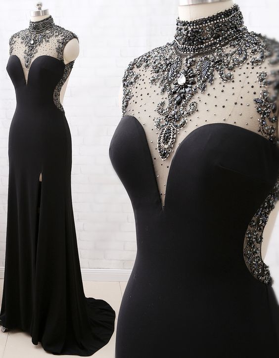 Mermaid High Neck Beaded Jersey Black Prom Gowns With Slit Main image