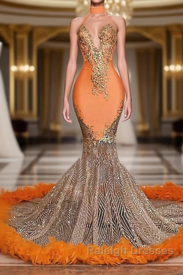 Mermaid High Neck Floor Length Sleeveless Appliques Lace Prom Dresses With Feather Main image