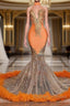 Mermaid High Neck Floor Length Sleeveless Appliques Lace Prom Dresses With Feather